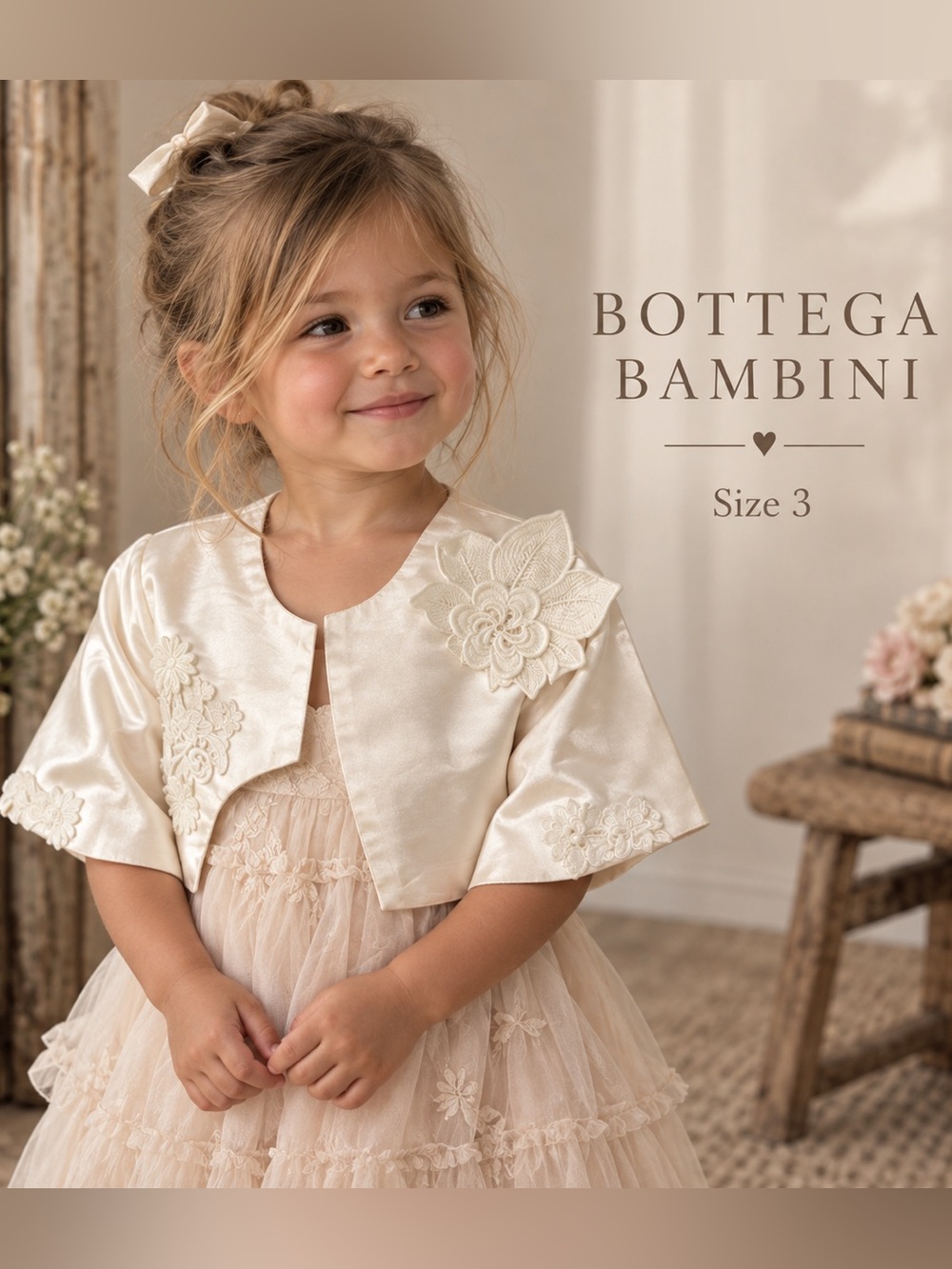 BOTTEGA BAMBINI Girls Size 3T Cream w/ White Floral Embroidered Bolero Jacket
